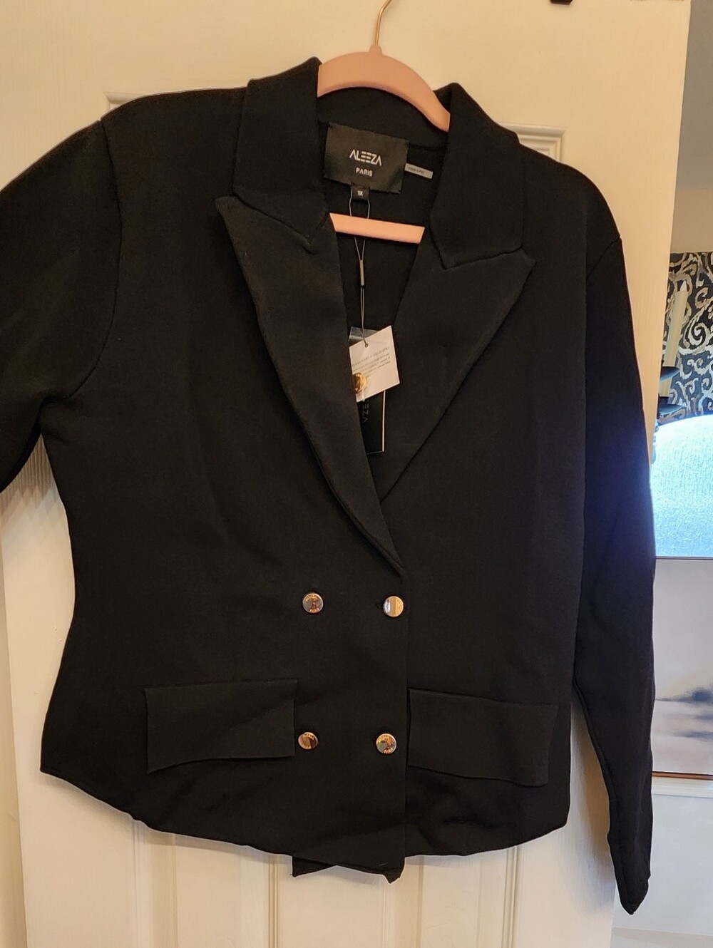 Aleeza Paris Black Double-Breasted Military-Style Knit Blazer - Picture 3 of 7